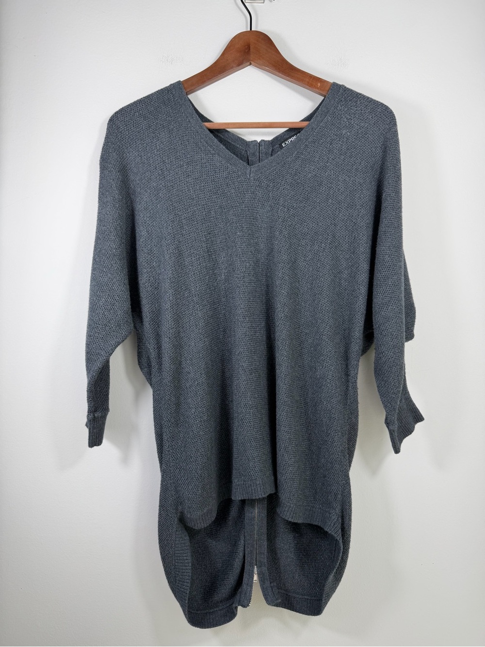 Express Gray Oversized Dolman Sleeve High Low Zip Back Sweater Size S